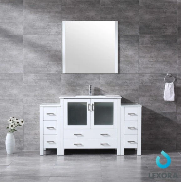 Lexora Volez 60" White Single Vanity W/ 2 Side Cabinets, Integrated Top, White Integrated Square Sink And 34" Mirror 3 Lexora Volez 60" White Single Vanity W/ 2 Side Cabinets, Integrated Top, White Integrated Square Sink And 34" Mirror