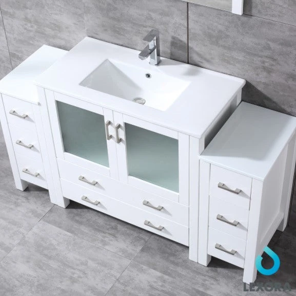 Lexora Volez 60" White Single Vanity W/ 2 Side Cabinets, Integrated Top, White Integrated Square Sink And 34" Mirror 5 Lexora Volez 60" White Single Vanity W/ 2 Side Cabinets, Integrated Top, White Integrated Square Sink And 34" Mirror - Image 3