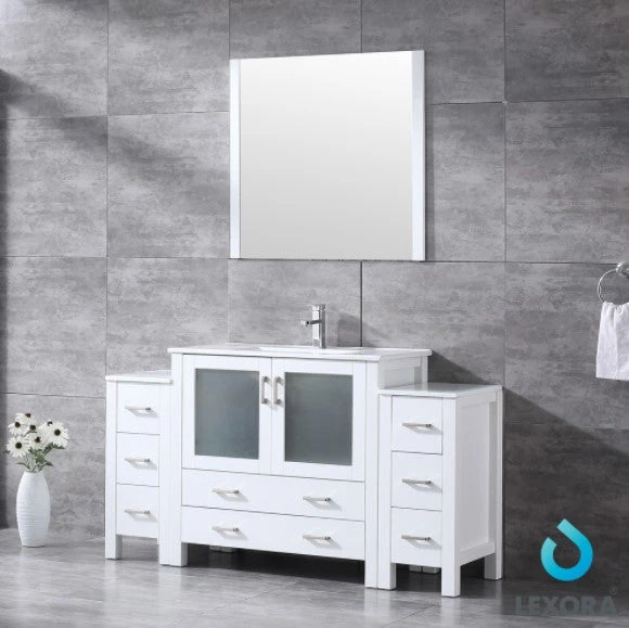 Lexora Volez 60" White Single Vanity W/ 2 Side Cabinets, Integrated Top, White Integrated Square Sink And 34" Mirror 4 Lexora Volez 60" White Single Vanity W/ 2 Side Cabinets, Integrated Top, White Integrated Square Sink And 34" Mirror - Image 2