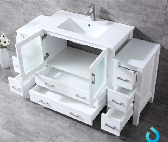 Lexora Volez 60" White Single Vanity W/ 2 Side Cabinets, Integrated Top, White Integrated Square Sink And 34" Mirror 6 Lexora Volez 60" White Single Vanity W/ 2 Side Cabinets, Integrated Top, White Integrated Square Sink And 34" Mirror - Image 4
