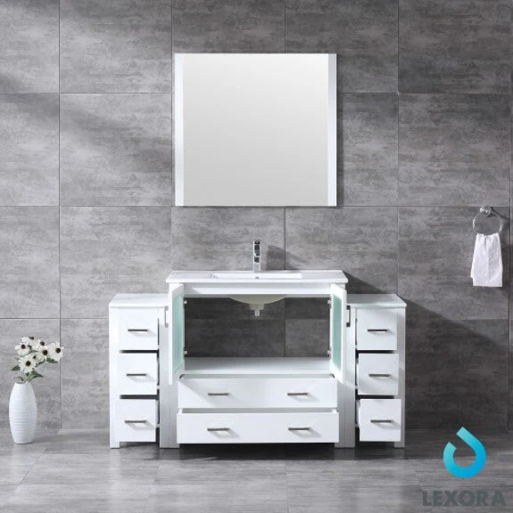 Lexora Volez 60" White Single Vanity W/ 2 Side Cabinets, Integrated Top, White Integrated Square Sink And 34" Mirror 7 Lexora Volez 60" White Single Vanity W/ 2 Side Cabinets, Integrated Top, White Integrated Square Sink And 34" Mirror - Image 5