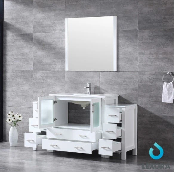 Lexora Volez 60" White Single Vanity W/ 2 Side Cabinets, Integrated Top, White Integrated Square Sink And 34" Mirror 8 Lexora Volez 60" White Single Vanity W/ 2 Side Cabinets, Integrated Top, White Integrated Square Sink And 34" Mirror - Image 6