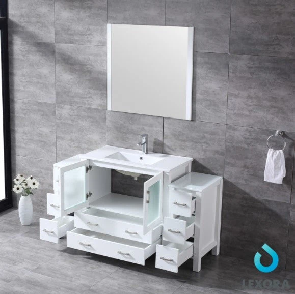 Lexora Volez 60" White Single Vanity W/ 2 Side Cabinets, Integrated Top, White Integrated Square Sink And 34" Mirror 9 Lexora Volez 60" White Single Vanity W/ 2 Side Cabinets, Integrated Top, White Integrated Square Sink And 34" Mirror - Image 7