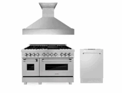 ZLINE Bundle 48" Kitchen Package With DuraSnow® Stainless Dual Fuel Range, Ducted Vent Range Hood And Dishwasher (3KP-RASRH48-DW)