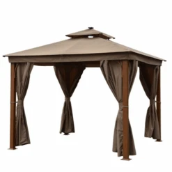 Home And Outdoor 26 ALEKO Double Roof Aluminum Gazebo With Wooden Finish And Curtain - 10 X 10 Feet - Sand