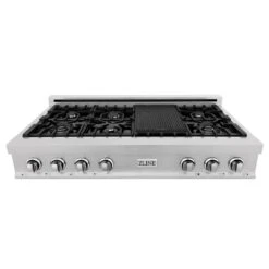 ZLINE 48" Porcelain Gas Stovetop In DuraSnow® Stainless Steel With 7 Gas Burners And Griddle (RTS-48) -Home And Outdoor zline 48 porcelain rangetop in durasnow stainless steel with 7 gas burners zline kitchen and bath 848650