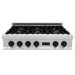 ZLINE Autograph Edition 36" Porcelain Rangetop With 6 Gas Burners In DuraSnow® Stainless Steel And Matte Black Accents (RTSZ-36-MB) -Home And Outdoor zline durasnow professional rangetop RTSZ 36 MB front 2b1baea7 263a 417d 988f 1d44db7fa1bb