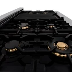 ZLINE Autograph Edition 48" Porcelain Rangetop With 7 Gas Burners In DuraSnow® Stainless Steel And Matte Black Accents (RTSZ-48-MB) -Home And Outdoor zline professional durasnow stainless steel dual fuel range RTS BR 48 detail brass burners 3 3c054c1c 4c7c 44c1 90da 2a2eff419847