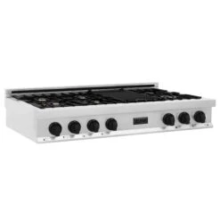 ZLINE Autograph Edition 48" Porcelain Rangetop With 7 Gas Burners In Stainless Steel And Matte Black Accents (RTZ-48-MB)